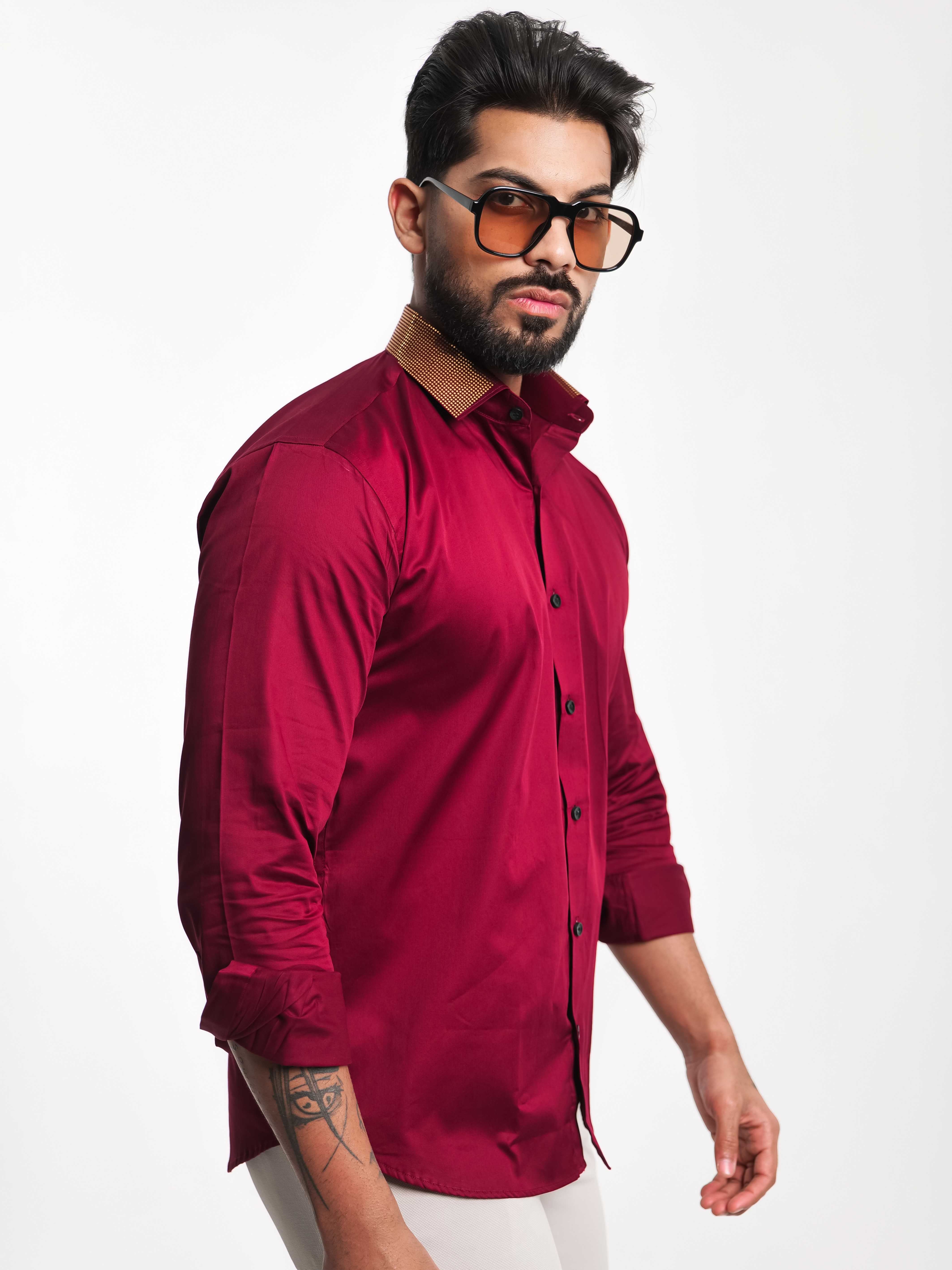 MAROON COLLAR SEQUENCE DESIGNER SHIRT FOR MEN'S