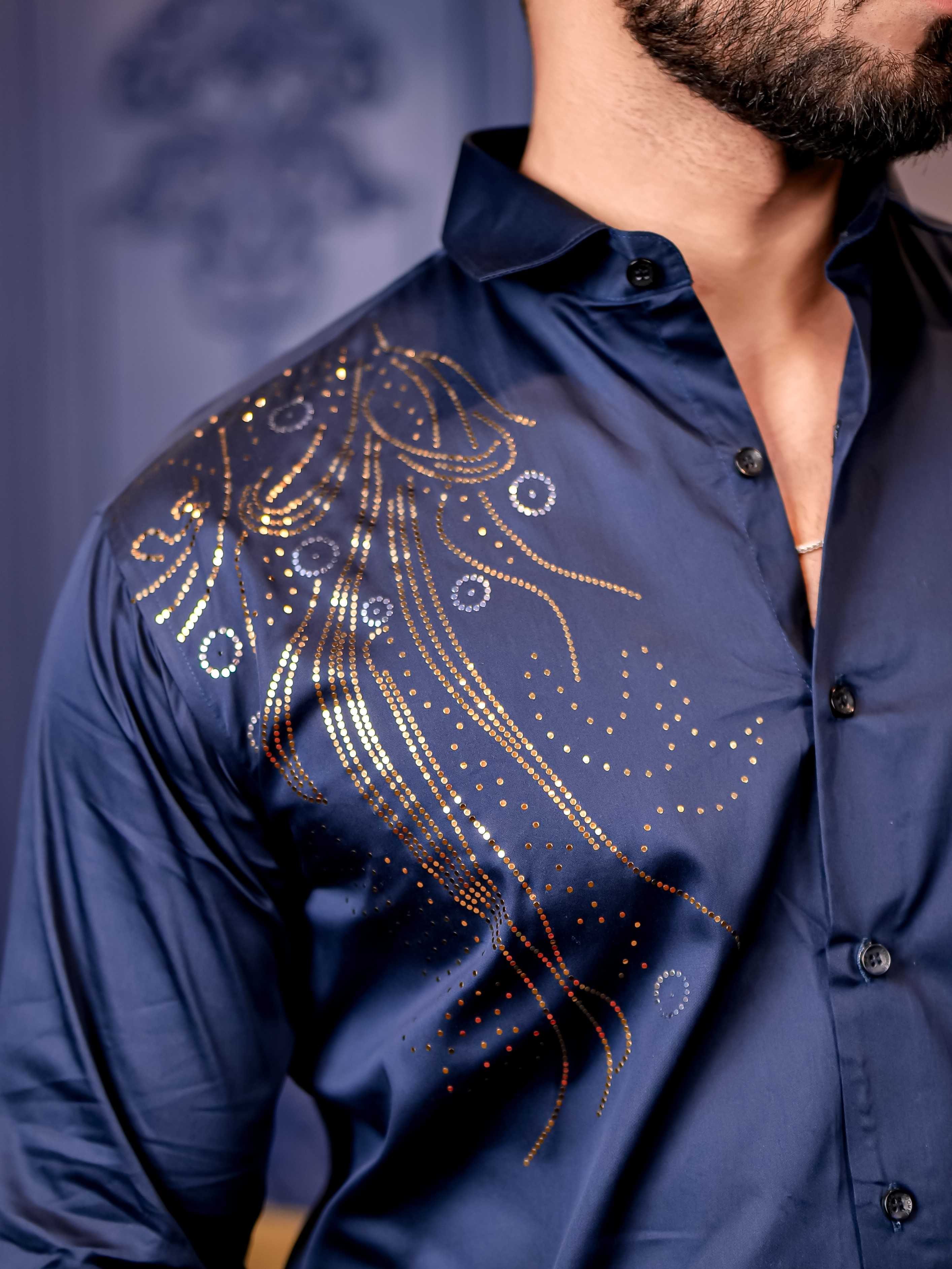 Navy Sequence Club Wear Satin Cotton Party Shirt