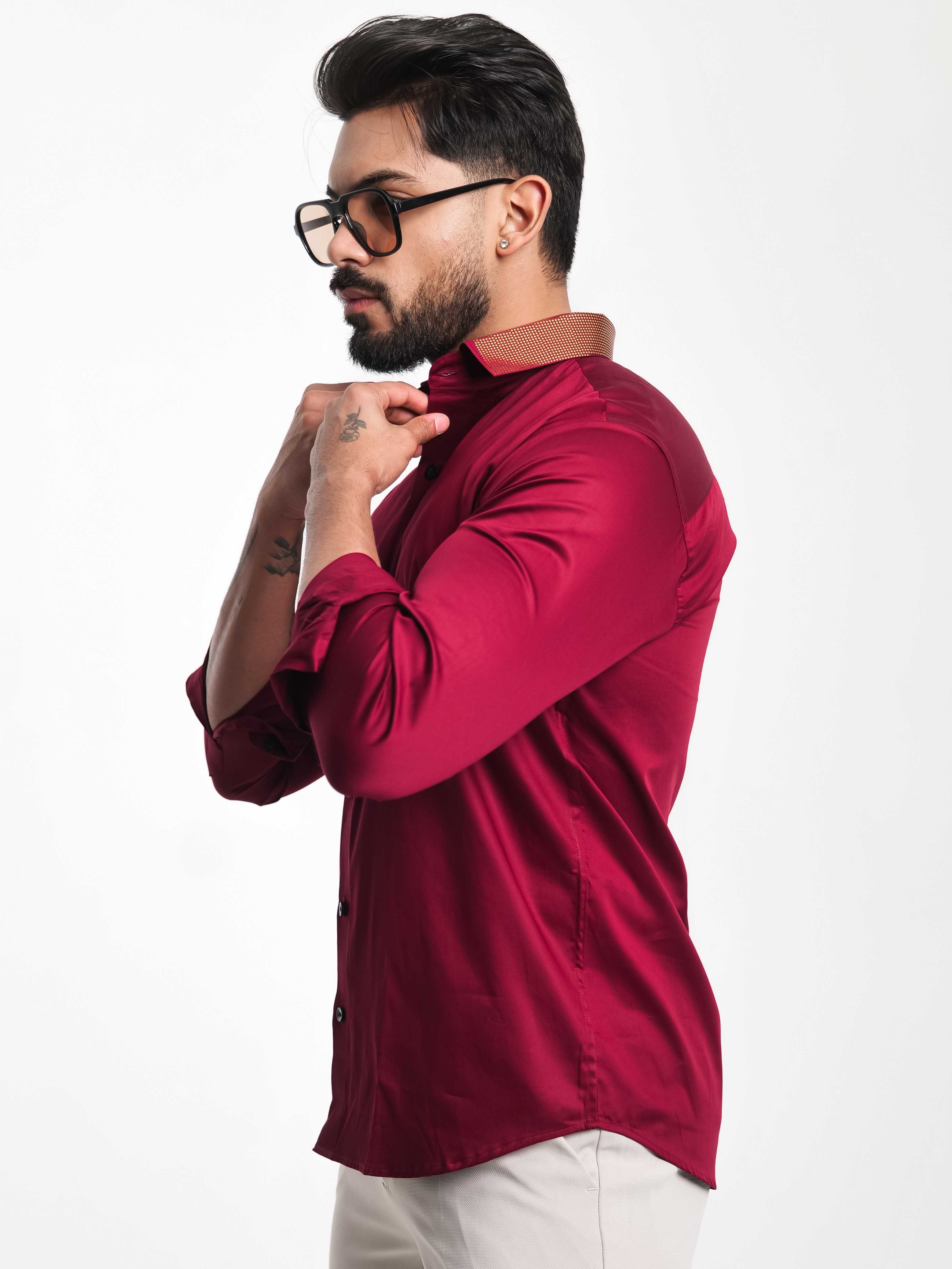 MAROON COLLAR SEQUENCE DESIGNER SHIRT FOR MEN'S