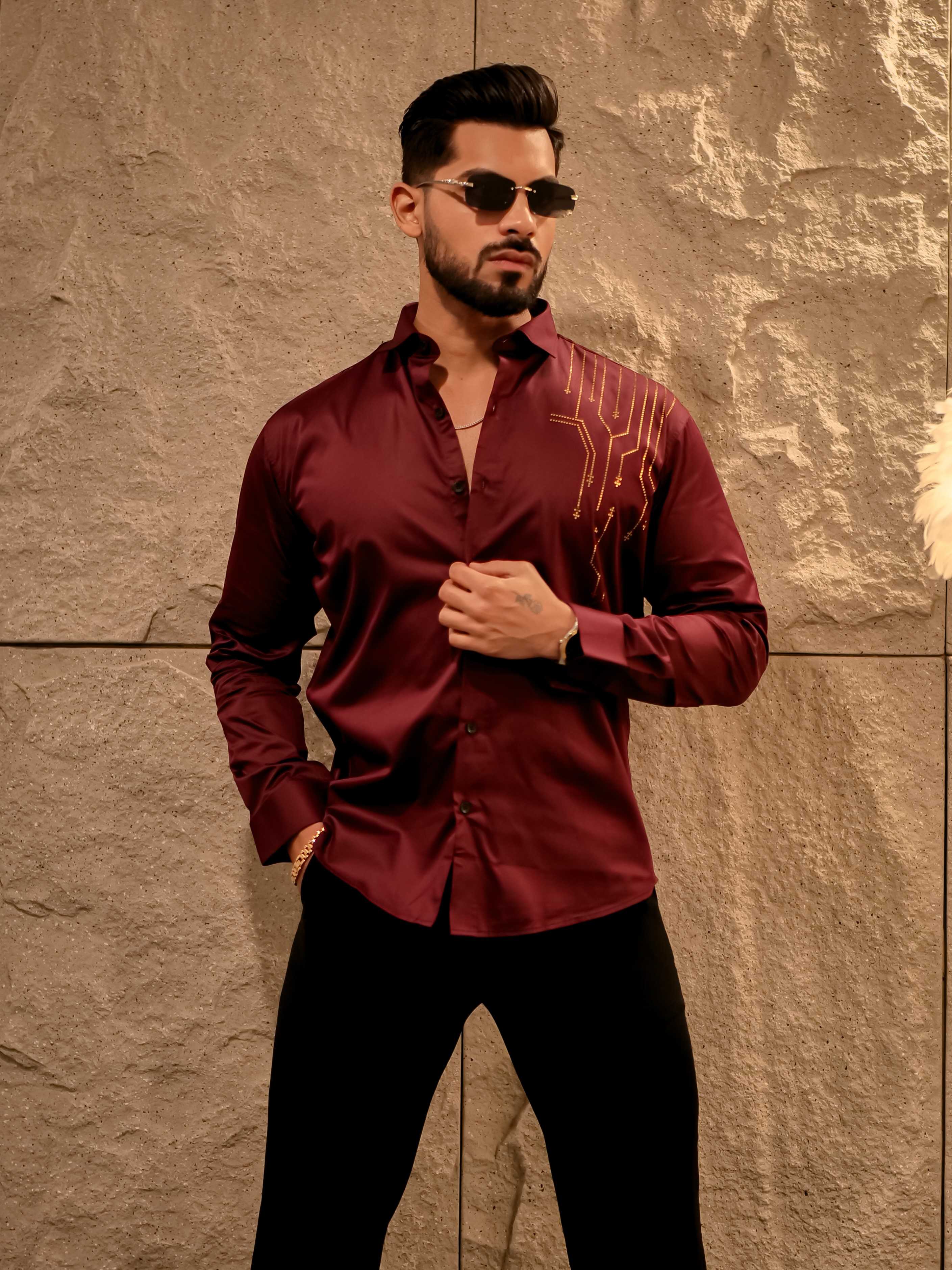 Wine Sequence Club Wear Satin Cotton Party Shirt