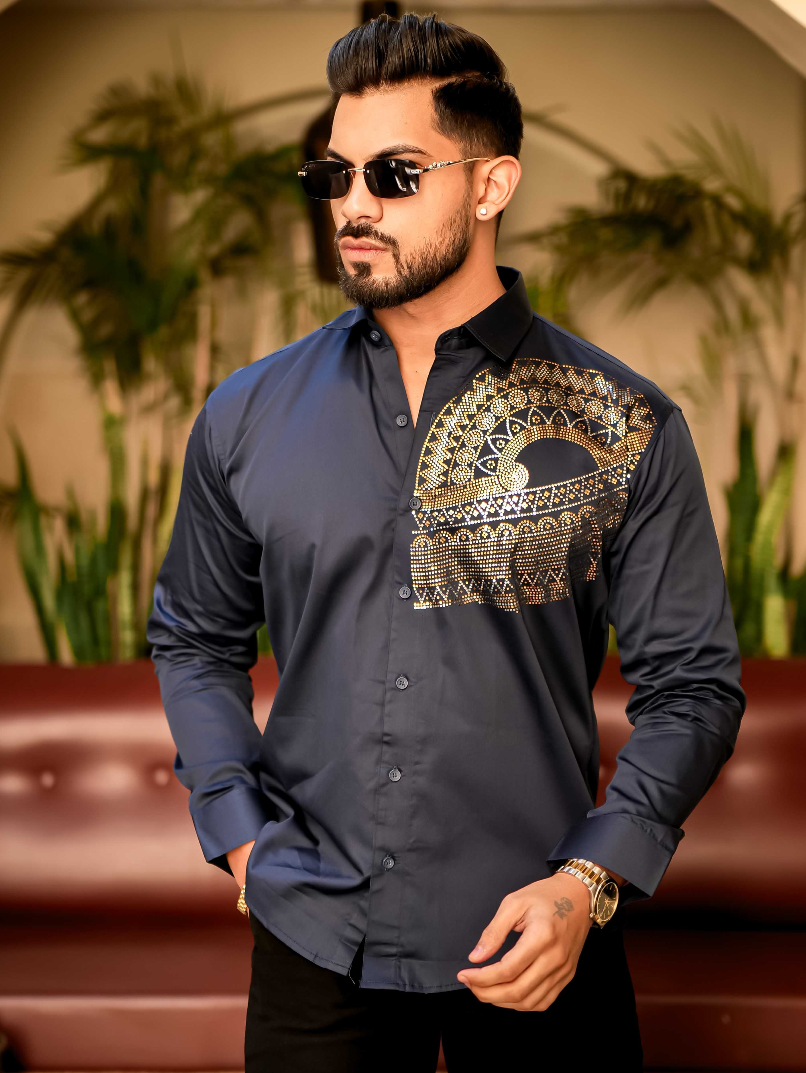 Art Navy Blue Sequence Club Wear Satin Cotton Party Shirt