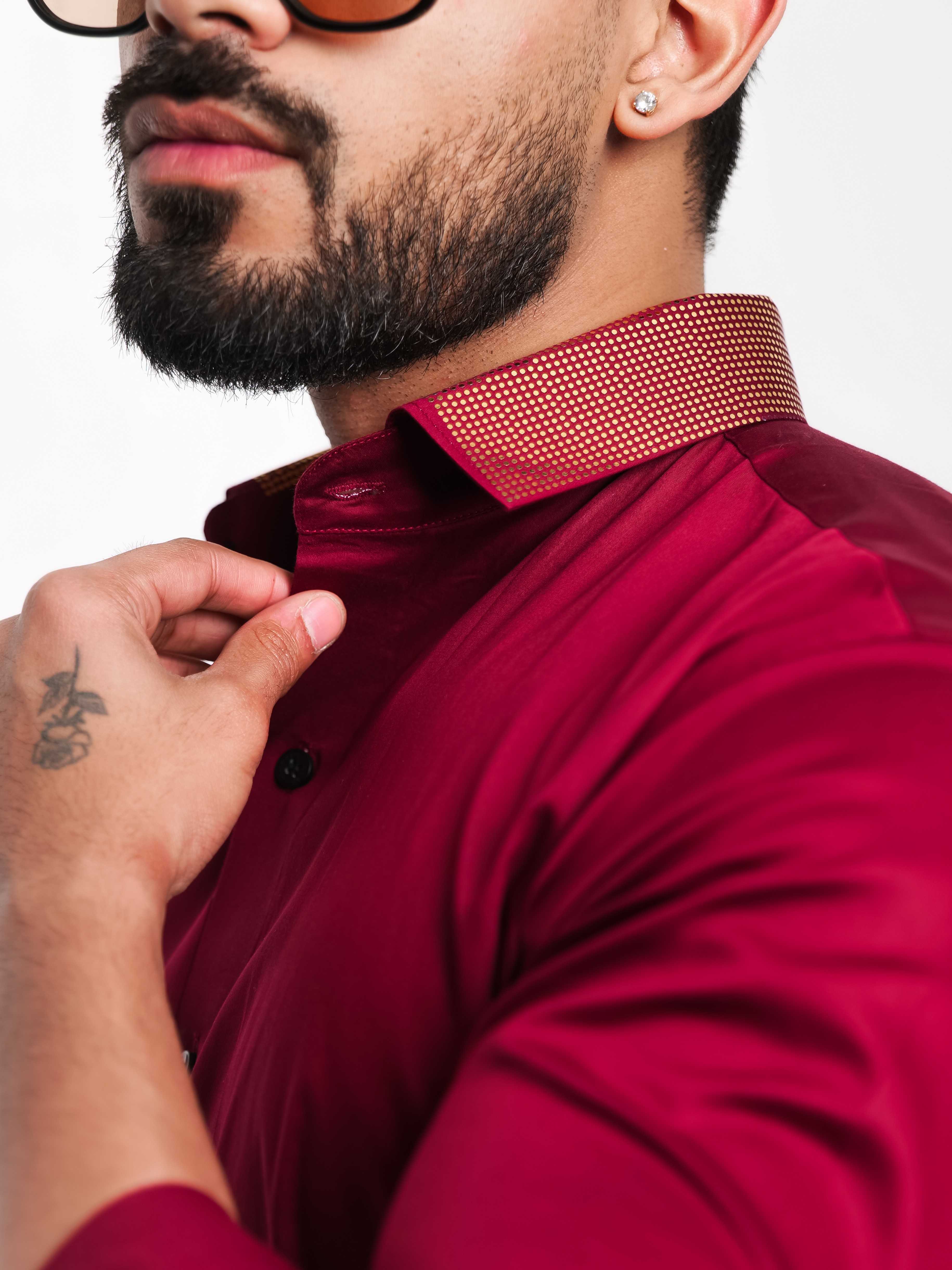 MAROON COLLAR SEQUENCE DESIGNER SHIRT FOR MEN'S