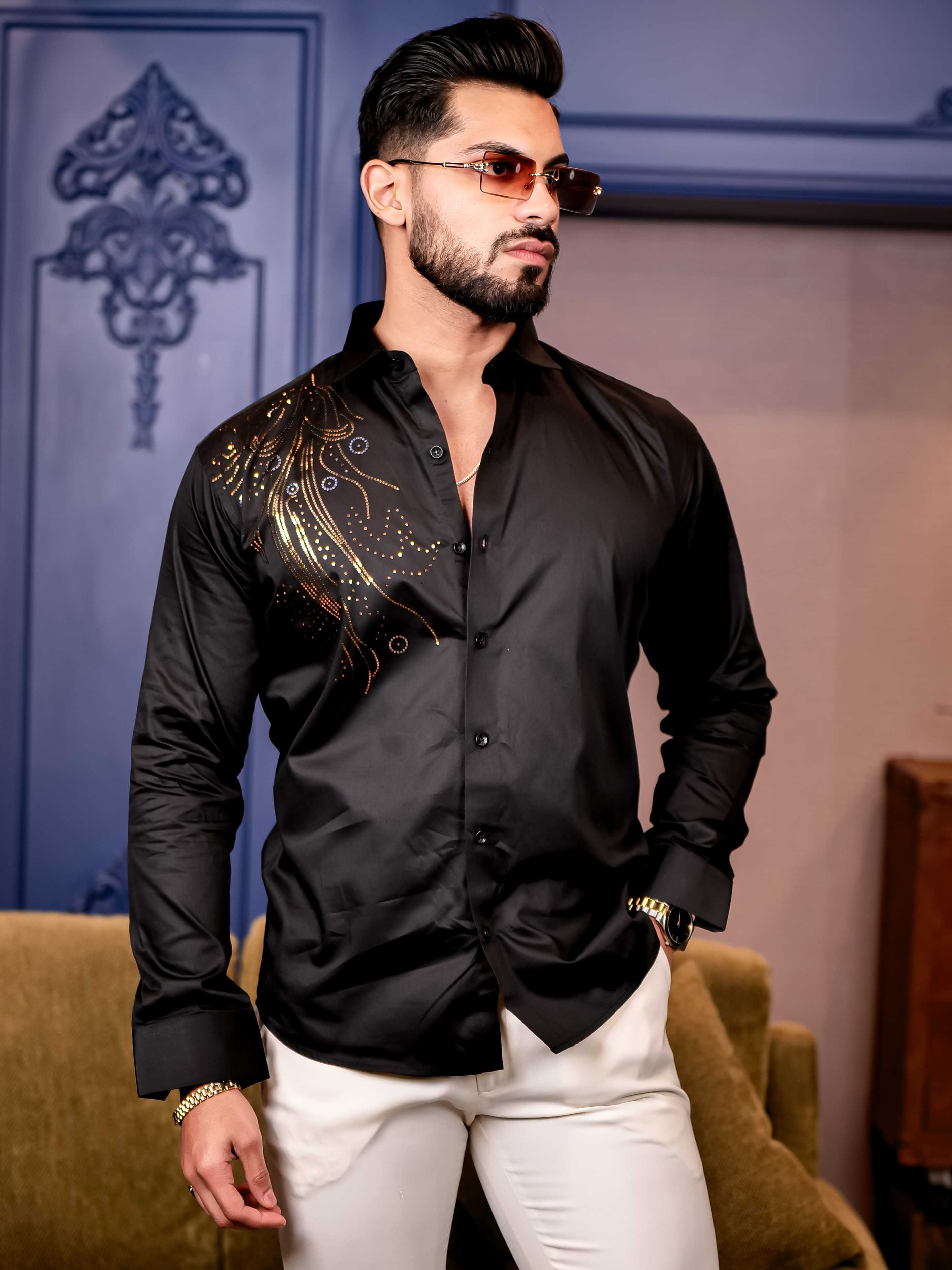 Black Sequence Club Wear Satin Cotton Party Shirt