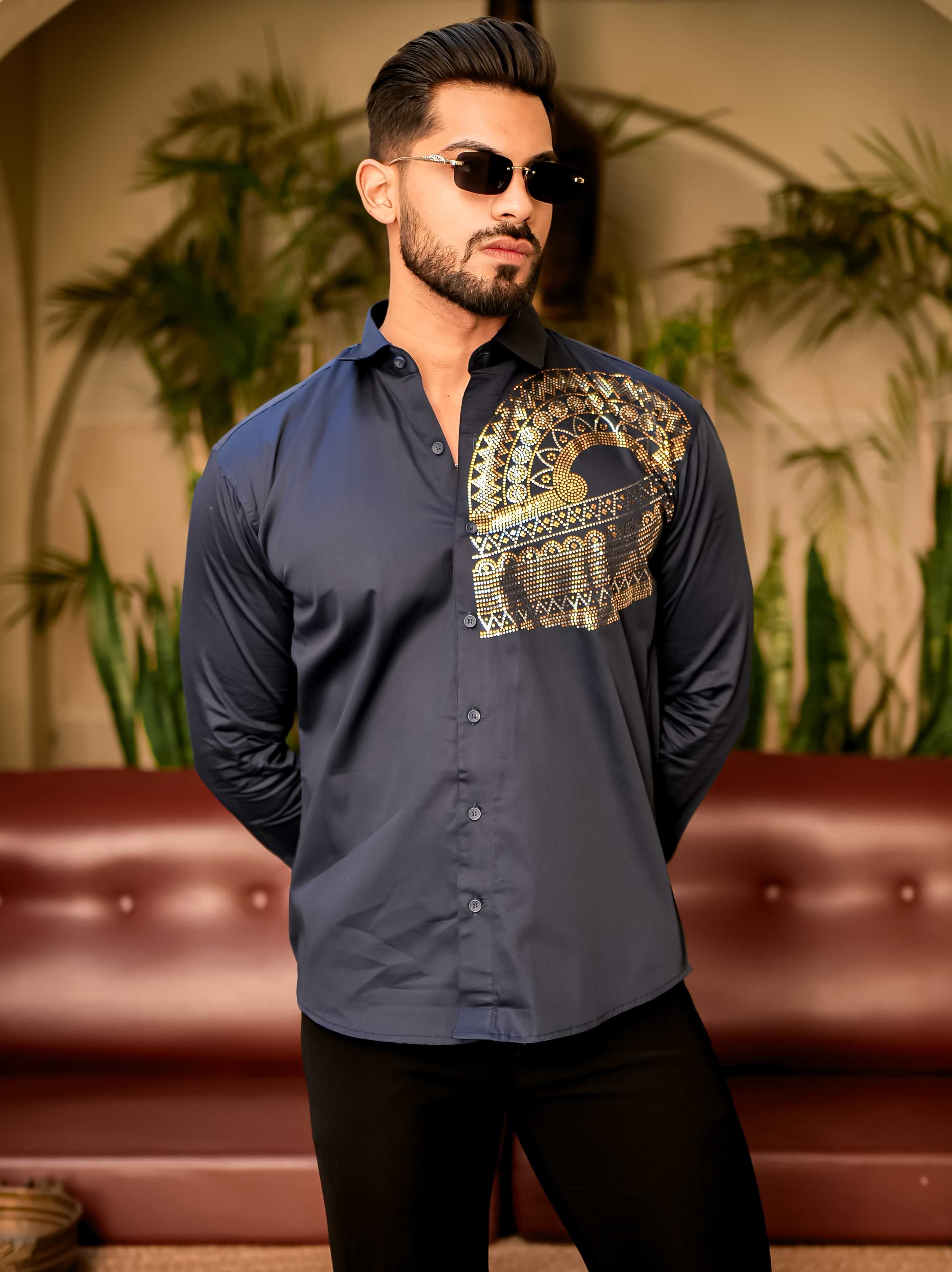 Art Navy Blue Sequence Club Wear Satin Cotton Party Shirt
