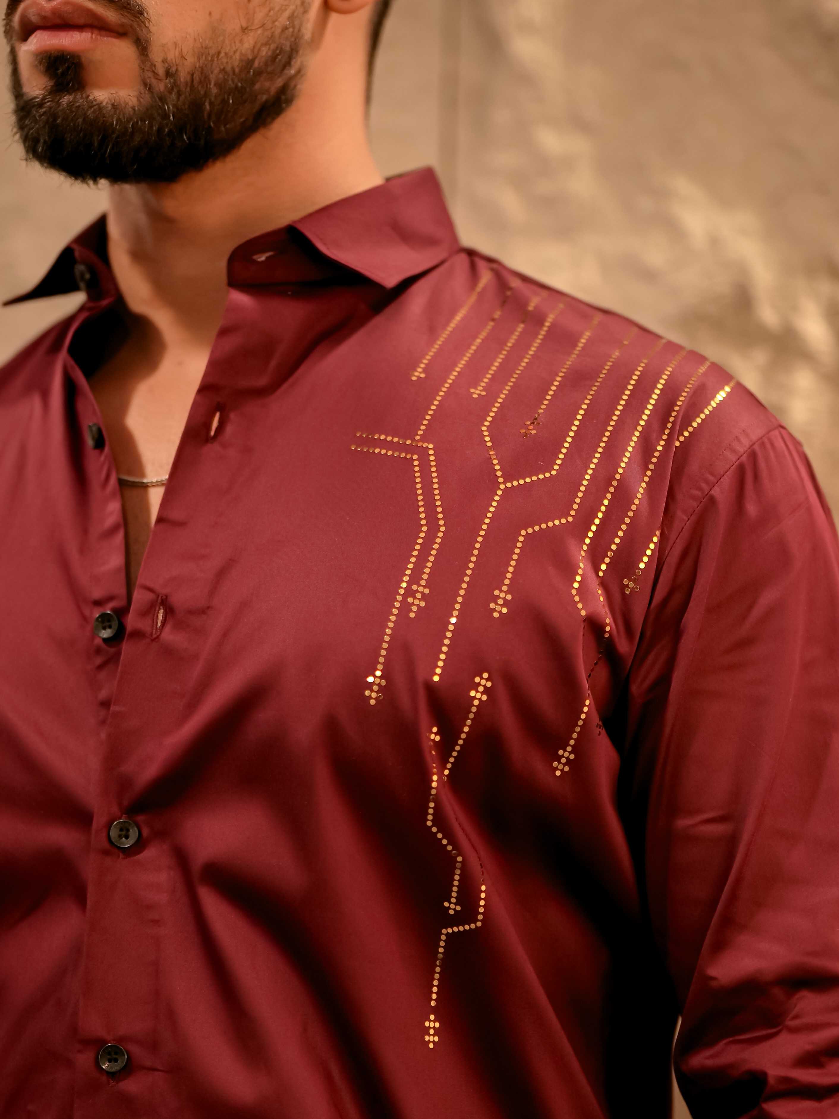 Wine Sequence Club Wear Satin Cotton Party Shirt