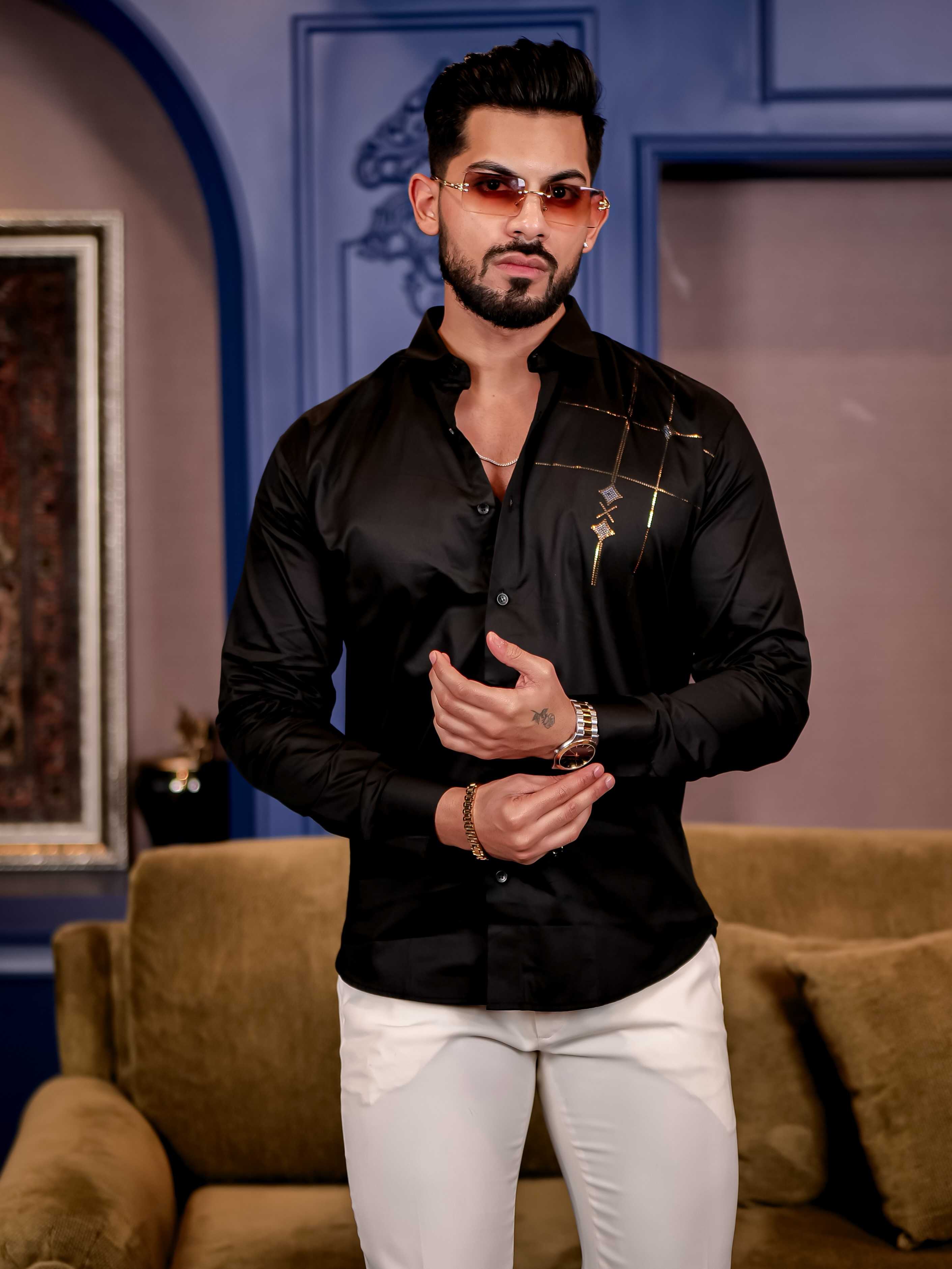 Opaque Black Sequence Club Wear Satin Cotton Party Shirt