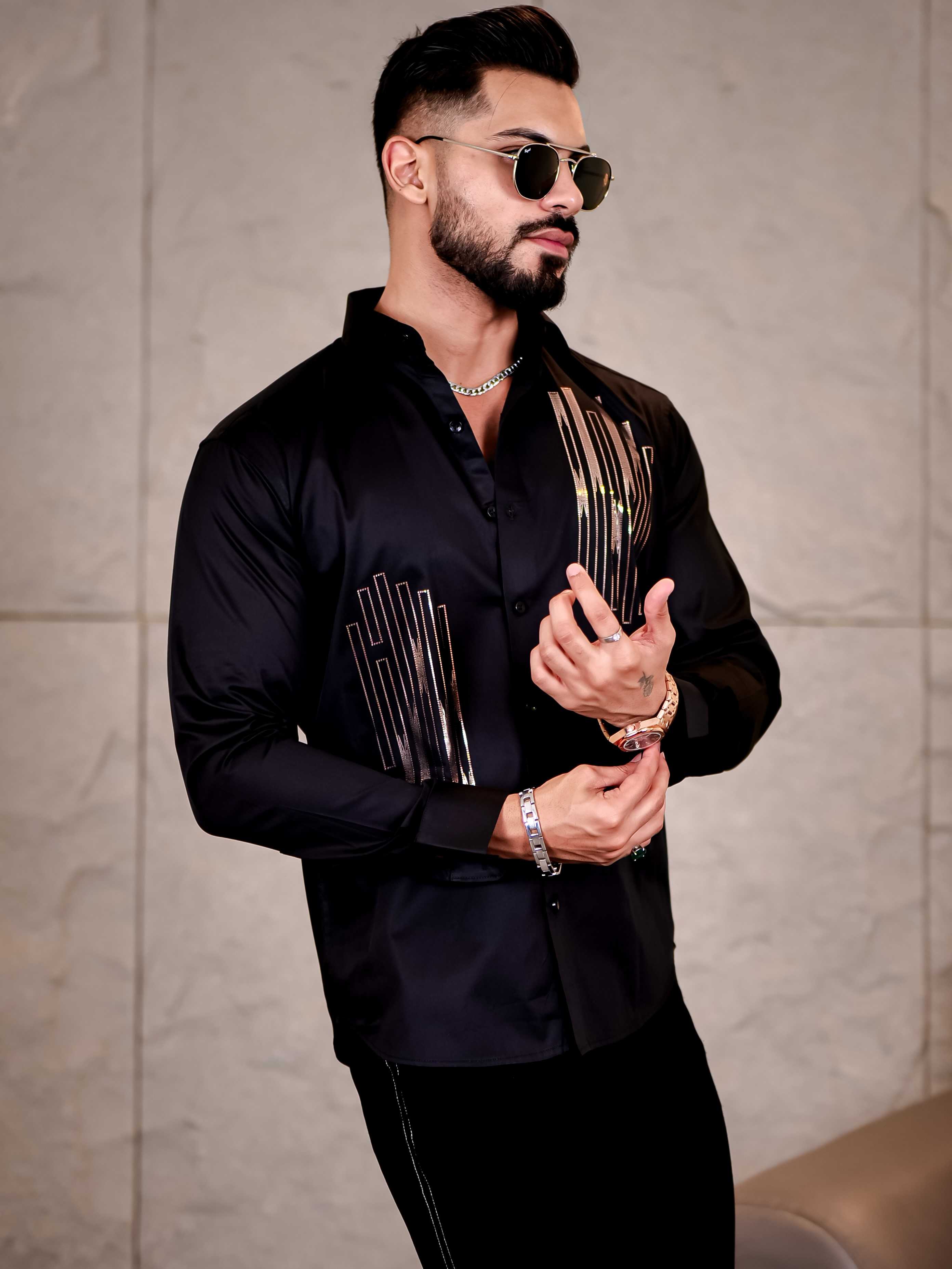 Black Sequence Club Wear Satin Cotton Party Shirt