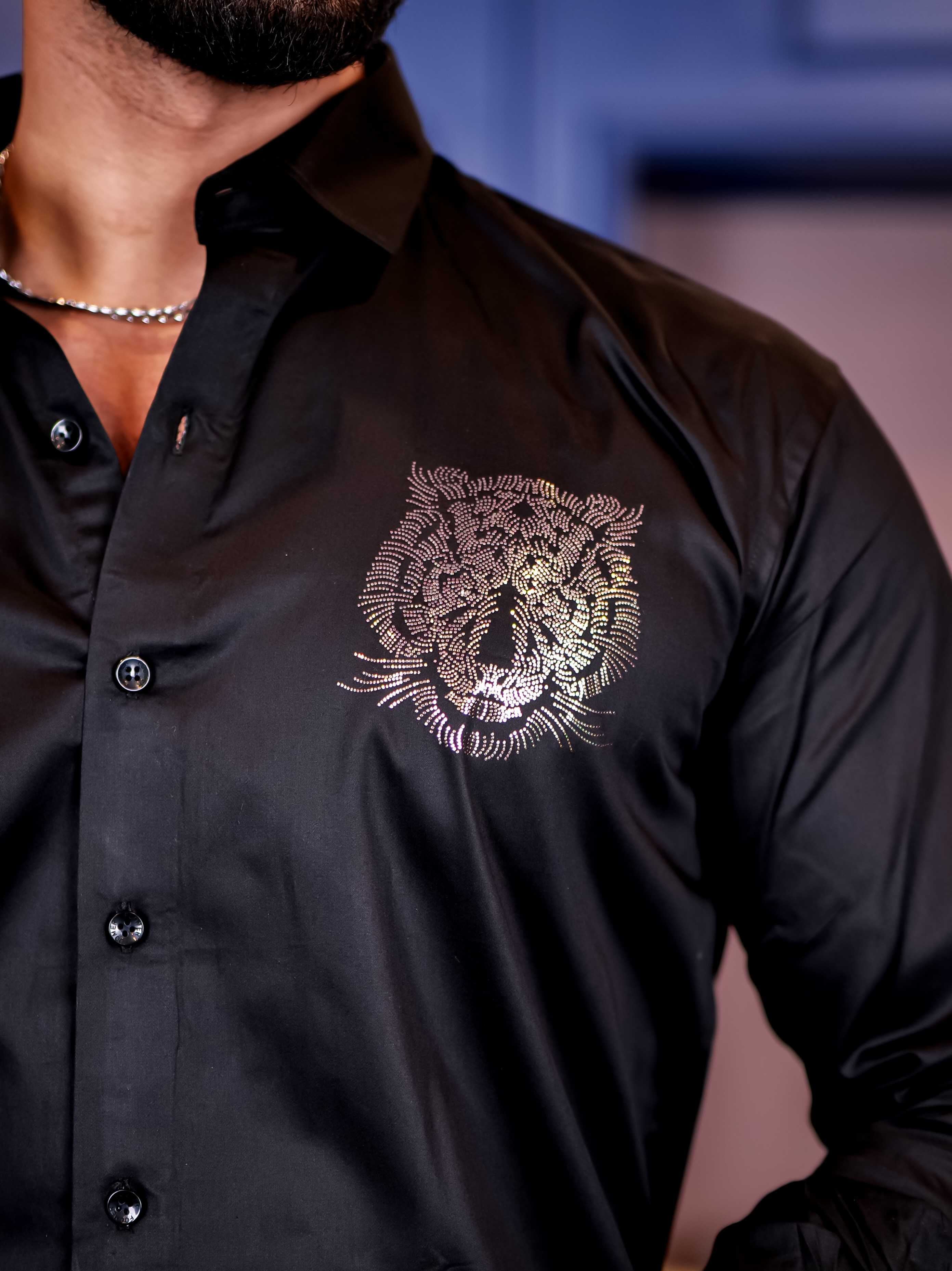 Black Club Wear Tiger Sequence Satin Cotton Party Shirt