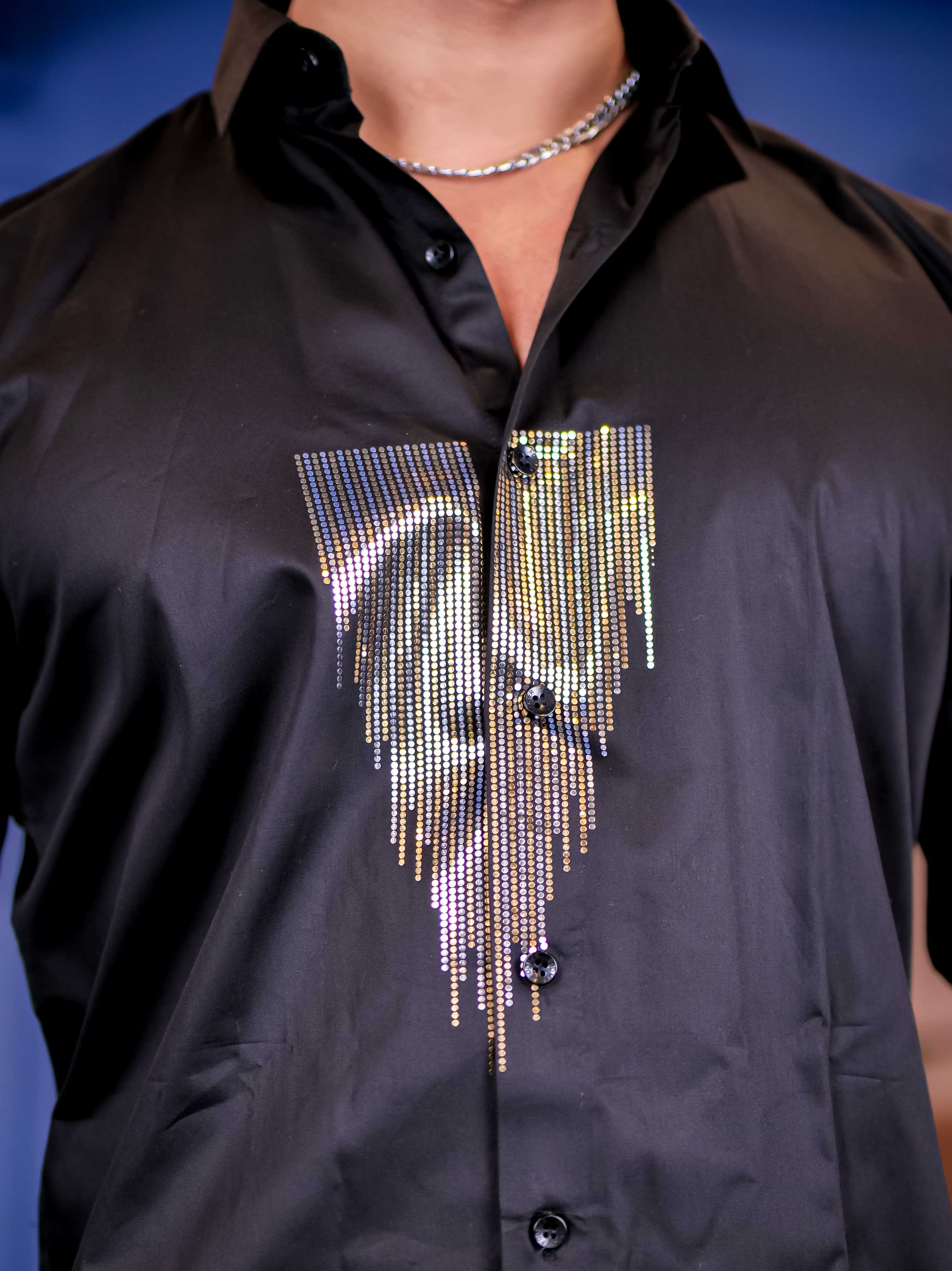 Black Sequence Club Wear Satin Cotton Party Shirt